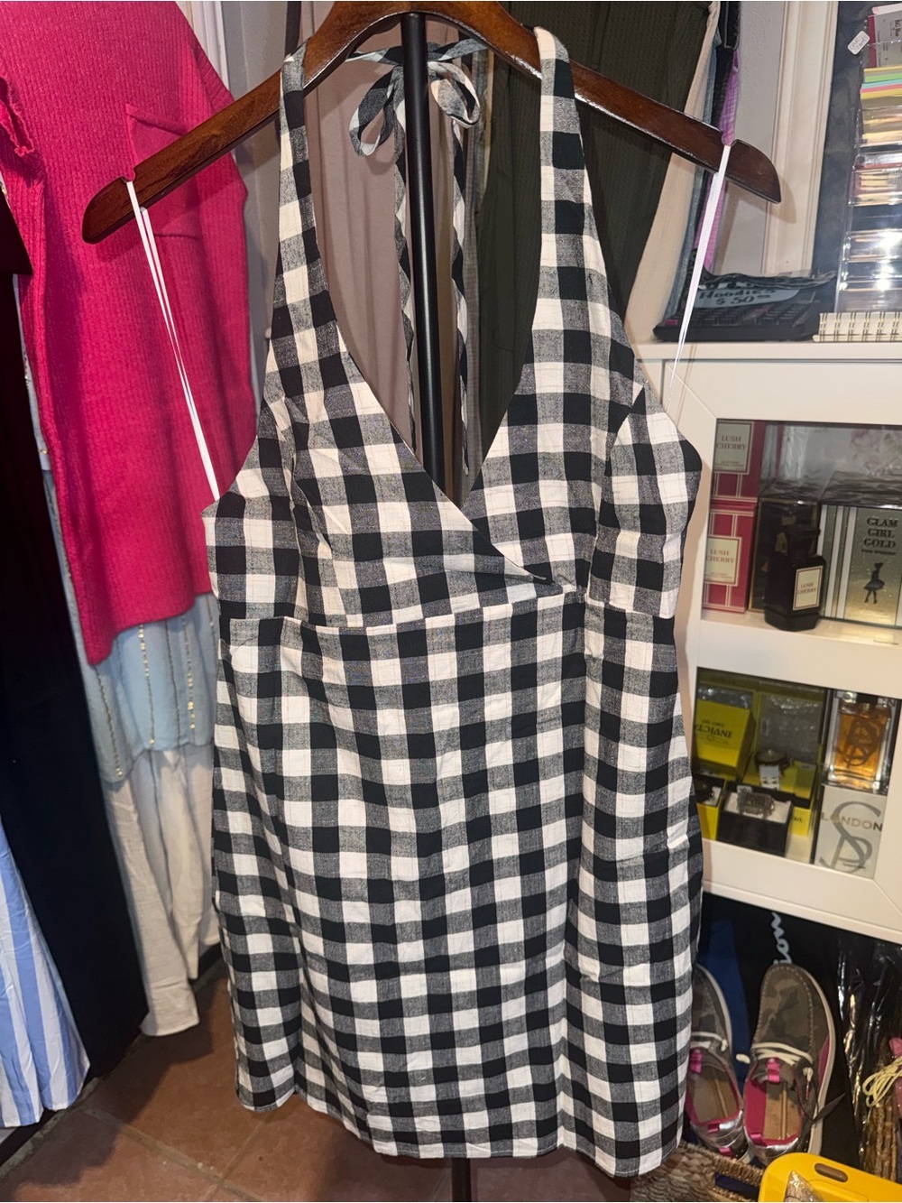 Black and White Gingham Halter Dress